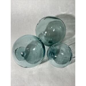 3 pc Vintage Japanese Blue Glass Fishing Floats Orbs Nautical Ocean Decor 3.5”